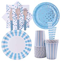 128 Piezas Juego Vajilla Desechable- Cubiertos Desechables Azul- para Fiestas- Bodas- Aniversarios- Cumpleaños- Fiestas…